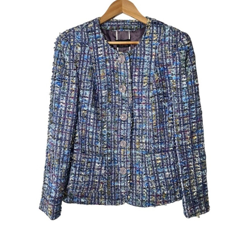 Bremer Combi Life Blue Tweed Jacket‎ Metallic Eyelash Fringe Button Front Blazer